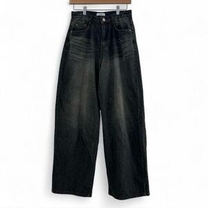 Lewkin Wide Leg Black Wash Jeans High Rise Korean Minimalist